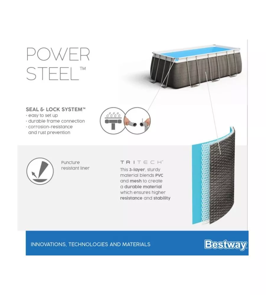 PISCINA FUORI TERRA CON STRUTTURA RETTANGOLARE BESTWAY "POWER STEEL FRAME"  CON COPERTURA, FILTRO, SCALA E CHEMCONNECT EFFETTO RATTAN 488X244X122 CM - COD. 56996